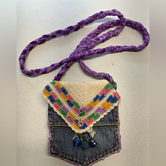 Handmade Upcycled Denim Crossbody Purse, Faded Blue Denim, Bling, Woven Strap - Picture 1 of 7